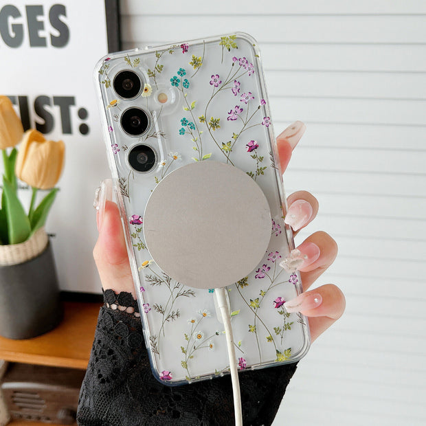 Magnetic Magsafe Case for Samsung S23 FE S22 S24 Ultra Clear Floral Soft Cover