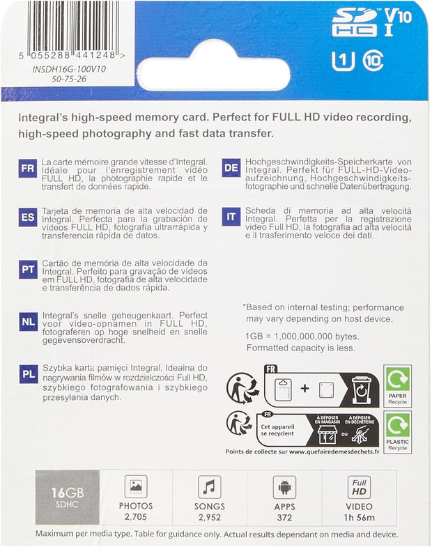 Integral 16GB SD Card High Speed Memory SDHC up to 100Mb/S V10 UHS U1