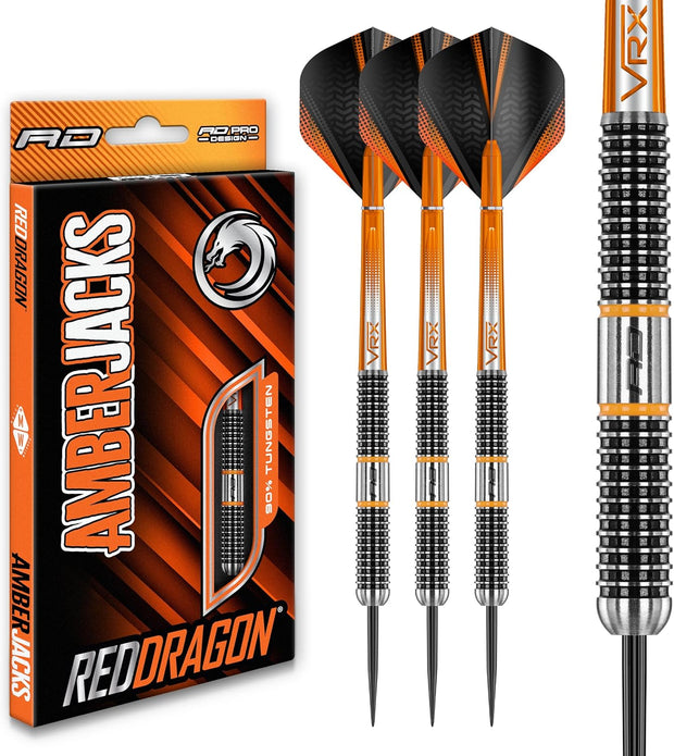 RED DRAGON Amberjack Tungsten Darts Set with Darts Flights & Dart Stems (Shafts) – Professional 90% Tungsten Premium Darts Set – Available in 22G, 23G, 24G, 25G, 26G, 27G, 28G, 30G