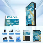 Ediloca 32GB Micro SD Card, Memory Card with SD Adapter, Read Speed up to 90Mb/S, UHS-I TF Card for Full HD Video Recording, Compatible with Smartphone, Dash Cam, Camera and Drones, C10, U1,V10, A1
