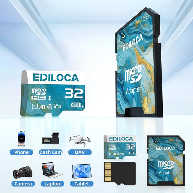 Ediloca 32GB Micro SD Card, Memory Card with SD Adapter, Read Speed up to 90Mb/S, UHS-I TF Card for Full HD Video Recording, Compatible with Smartphone, Dash Cam, Camera and Drones, C10, U1,V10, A1