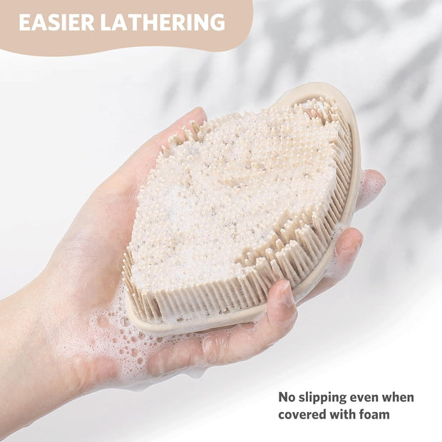 Silicone Body Scrubber, Gentle Exfoliating Body Scrubber for Sensitive Skin, Leaf Shaped Silicone Shower Scrubber for Body with Lathering Bristles, Silicone Loofah Body Brush, Oatmeal