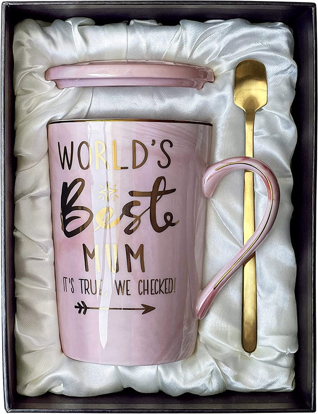 Fathers Day Birthday Gifts for Dad from Daughter Son - World'S Best Dad - Daddy Mug Printed with Gold, Funny Father'S Presents, 14Oz Grey Ceramic Gold Print Coffee Cup, Lid Spoon Card, Nice Gift Boxed