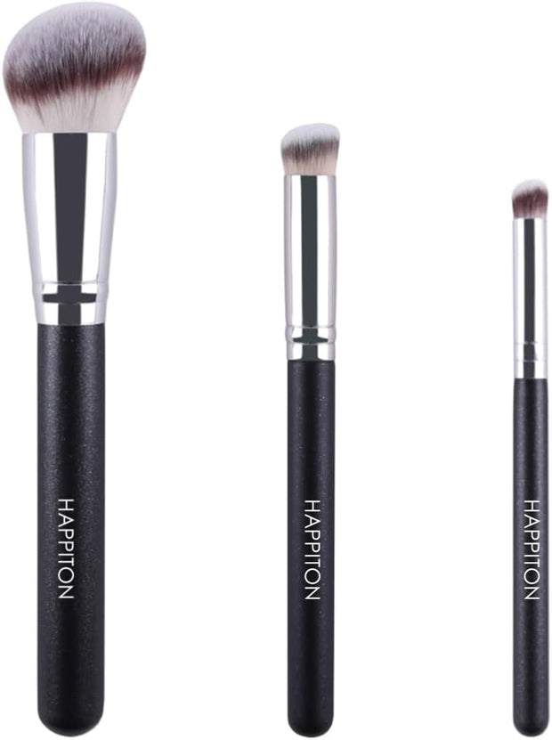HAPPITON 3-Piece Makeup Brush Set – Premium Synthetic Bristles for Foundation, Eye & Face – Liquid, Cream & Powder Blending, Buffing, Stippling & Concealer