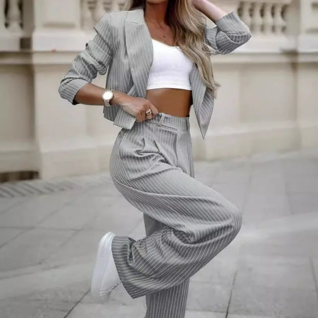 Sense of Design Arrivals Spring Summer Women Clothing Temperament Leisure Striped Short Style Lapel Suit Straight-Leg Pants Suit