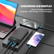 YONHUIZI Portable Charger, 10800Mah LCD Display Compact Ultra Slim Power Bank, 20W PD USB-C In&Out Fast Charging Battery Pack,3 Outputs Portable Phone Charger for Iphone 15 14,Samsung Android -Black