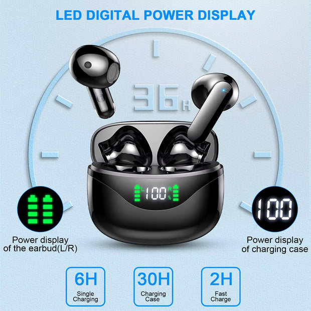Wireless Earbuds, Bluetooth 5.3 Headphones Built in Noise Cancelling Mic, 36H Playtime LED Display Wireless Earphones.
