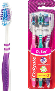 Colgate Zig Zag Medium Manual Toothbrush Pack of 3, Multi Angle Cross Bristles with Flexible Neck for Gum Comfort, 3 Count (Pack of 1)