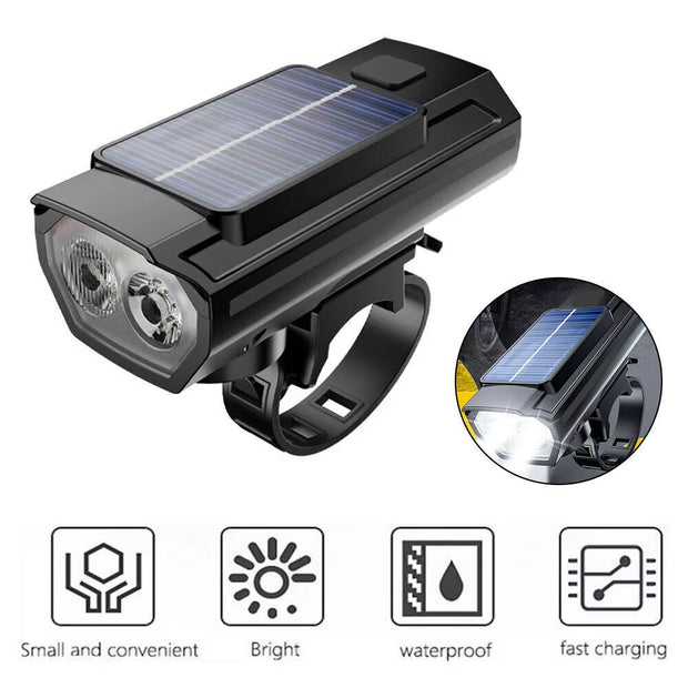 Solar Powered LED Bike Front USB Rechargeable Bicycle Light Lamp with Horn