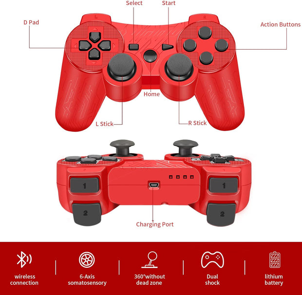Supohero Game Controller Compatible for Play3, Play 3 Wireless Remote Game Controller with Dual Vibration,6-Axis Gyro and Charging Cable (Red)