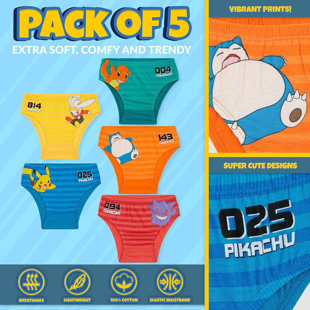 Pokemon Boys Briefs, Comfortable Cotton Breathable Underwear Pack of 5 Kids Underpants