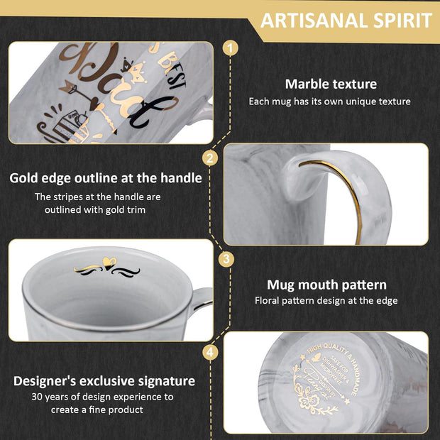 Fathers Day Birthday Gifts for Dad from Daughter Son - World'S Best Dad - Daddy Mug Printed with Gold, Funny Father'S Presents, 14Oz Grey Ceramic Gold Print Coffee Cup, Lid Spoon Card, Nice Gift Boxed