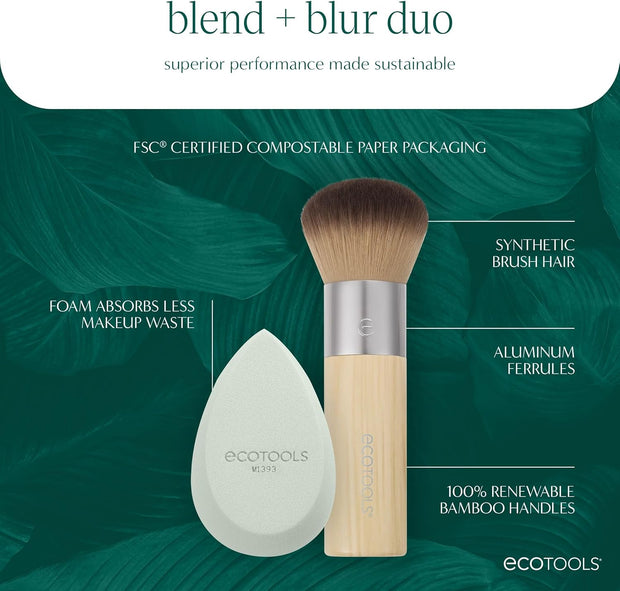 Blend + Blur Makeup Brush and Sponge Duo, Makeup Blending Sponge & Foundation Brush, for Liquid & Cream Products, Cloud Skin, Eco Friendly, Latex-Free, Cruelty Free, & Vegan, 2 Count