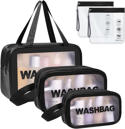WUBAYI 5Pcs Clear Toiletry Bag, Waterproof PU Makeup Bag with Zipper Handle, Portable Airport Cosmetic Bag for Women & Men, Travel Accessories Wash Bag for Travelling & Holiday (Black)