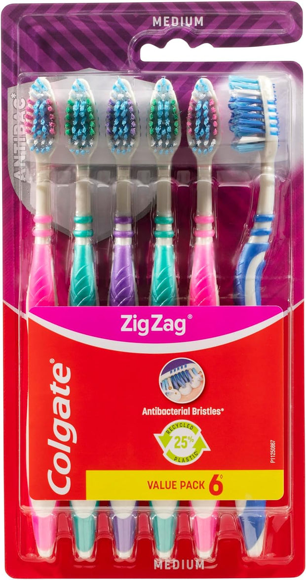 Colgate Zig Zag Medium Manual Toothbrush Pack of 3, Multi Angle Cross Bristles with Flexible Neck for Gum Comfort, 3 Count (Pack of 1)