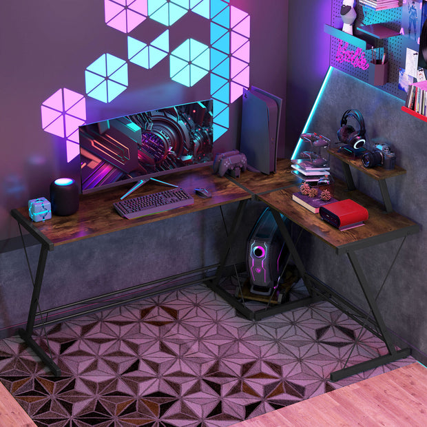 L Shaped Home Office Desk Gaming Workstation with Shelf & CPU Stand Brown