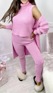 Womens 3 Piece Suit Roll Neck Chunky Knitted Tracksuit Ladies Rib Loungewear Set