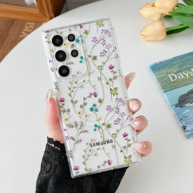 Magnetic Magsafe Case for Samsung S23 FE S22 S24 Ultra Clear Floral Soft Cover