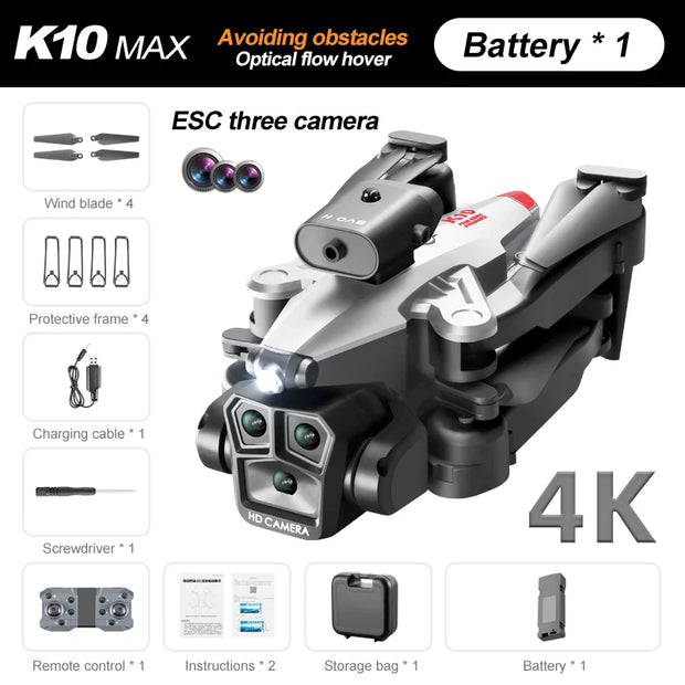 K10 MAX Drone HD 4K Three Cameras Aerial Photography UAV Obstacle Avoidance Optical Flow Positioning Aircraf Toys Christmas Gift