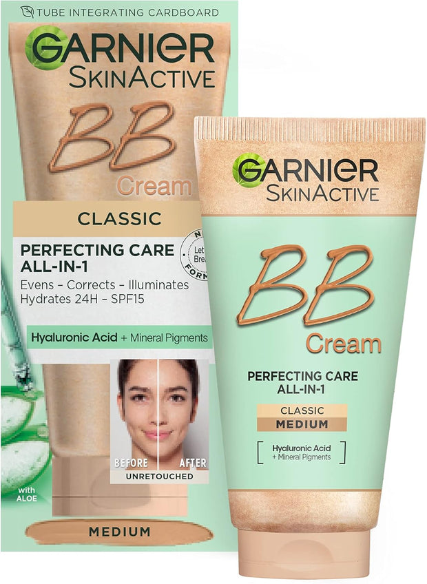 Garnier Skinactive Classic Perfecting All-In-1 BB Cream, Shade Classic Medium, Tinted Moisturiser SPF 15, Brightens and Evens Skin, with Hyaluronic Acid, Aloe & Mineral Pigments, 50 Ml , Pack of 1