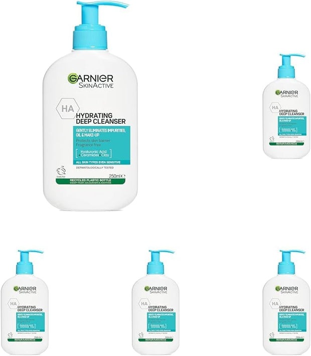 Garnier Gentle Deep Face Cleanser, with Hydrating Hyaluronic Acid, Protecting Ceramides, Purifying Clay, Fragrance Free, Suitable for Sensitive Skin, Pure Active, 250Ml