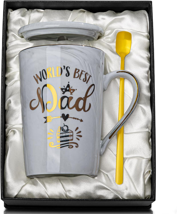 Fathers Day Birthday Gifts for Dad from Daughter Son - World'S Best Dad - Daddy Mug Printed with Gold, Funny Father'S Presents, 14Oz Grey Ceramic Gold Print Coffee Cup, Lid Spoon Card, Nice Gift Boxed