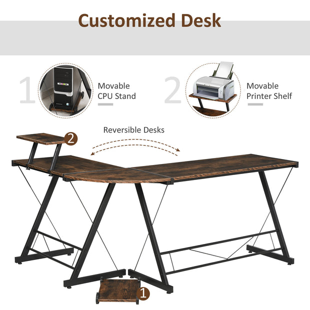 L Shaped Home Office Desk Gaming Workstation with Shelf & CPU Stand Brown