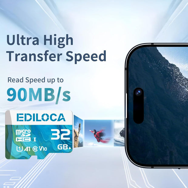 Ediloca 32GB Micro SD Card, Memory Card with SD Adapter, Read Speed up to 90Mb/S, UHS-I TF Card for Full HD Video Recording, Compatible with Smartphone, Dash Cam, Camera and Drones, C10, U1,V10, A1