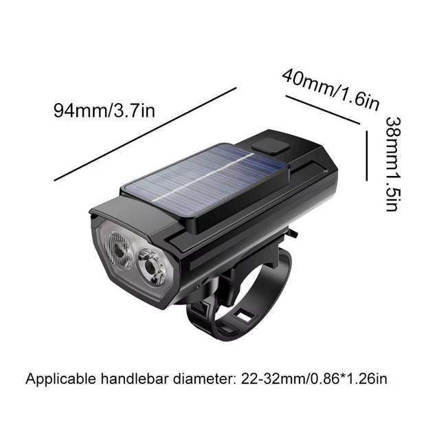 Solar Powered LED Bike Front USB Rechargeable Bicycle Light Lamp with Horn