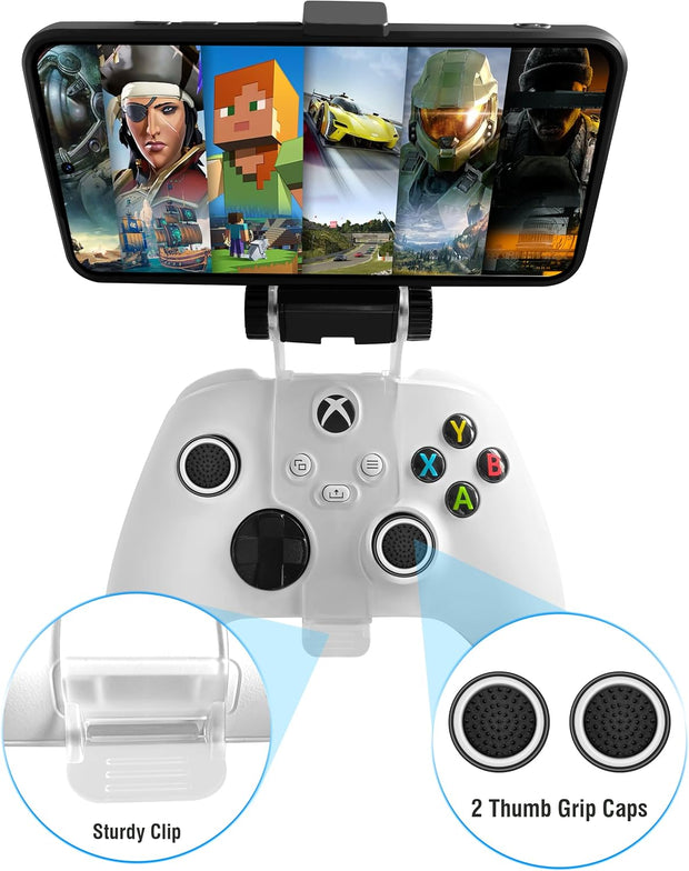 Joso Mobile Phone Holder for Xbox Controller, Cellphone Mount Clamp Compatible with Xbox Series S/X, Xbox One/S/X Gamepad, Adjustable Clip with 2 Thumb Grip Caps
