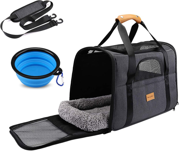 Morpilot Cat Carrier, Portable Pet Carrier Bag for Cats and Small Dogs, Foldable Soft Sided Cat Transport Carrier, Airline Approved Pet Travel Carrier with Shoulder Strap, Removable Mat and Pet Bowl
