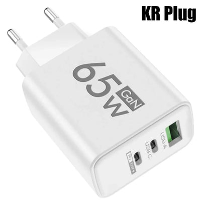 Gan Fast Charging 65W USB Type C Charger EU KR PD 3.0 Quick Charge Wall for Phone Adapter for Iphone 15 Xiaomi Huawei Samsung