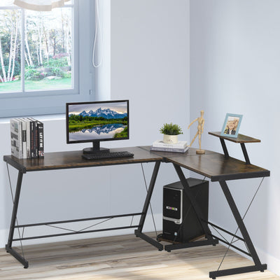L Shaped Home Office Desk Gaming Workstation with Shelf & CPU Stand Brown