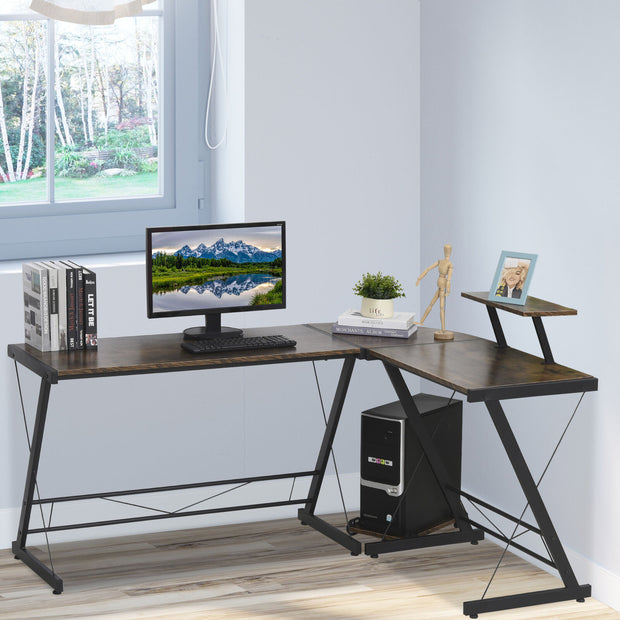 L Shaped Home Office Desk Gaming Workstation with Shelf & CPU Stand Brown