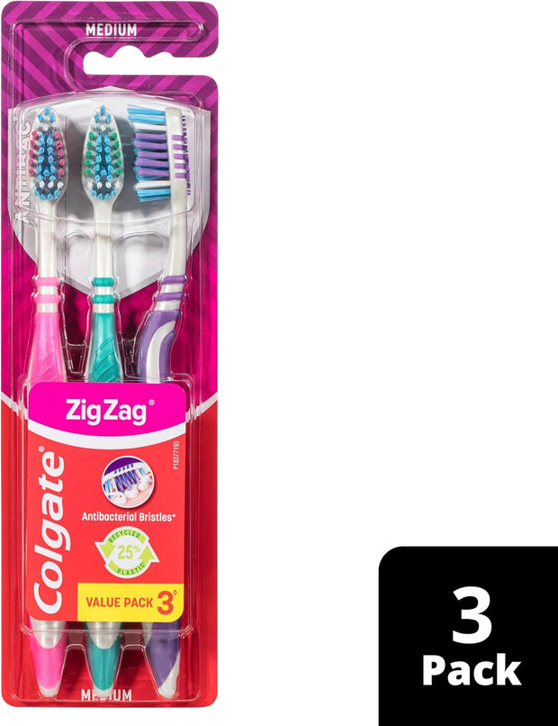 Colgate Zig Zag Medium Manual Toothbrush Pack of 3, Multi Angle Cross Bristles with Flexible Neck for Gum Comfort, 3 Count (Pack of 1)
