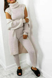 Womens 3 Piece Suit Roll Neck Chunky Knitted Tracksuit Ladies Rib Loungewear Set