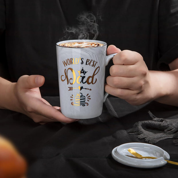 Fathers Day Birthday Gifts for Dad from Daughter Son - World'S Best Dad - Daddy Mug Printed with Gold, Funny Father'S Presents, 14Oz Grey Ceramic Gold Print Coffee Cup, Lid Spoon Card, Nice Gift Boxed