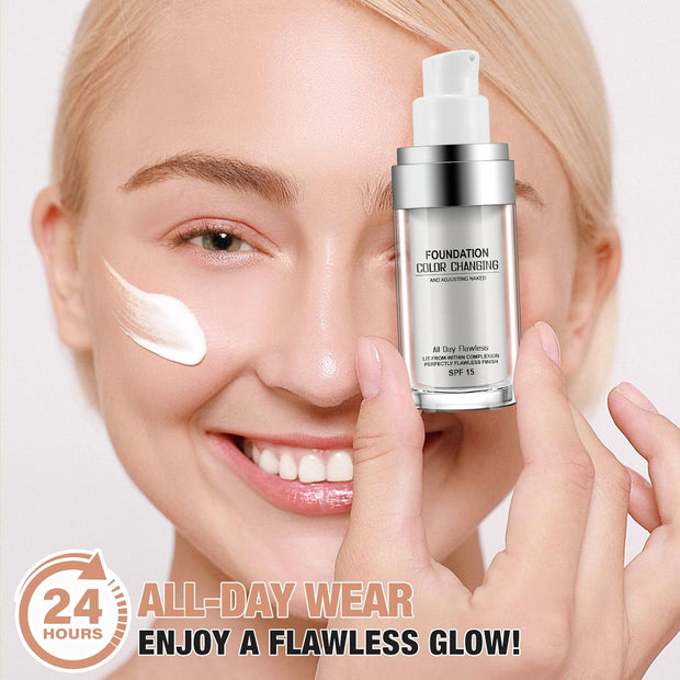 2Pcs Color Changing Foundation Spf15,Seamless Tone-Matching,Long-Lasting Hydration Nourishment, and Sun Protection for All Skin