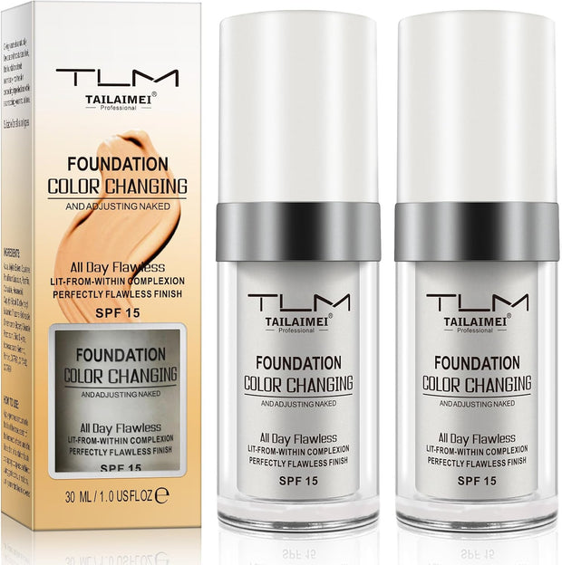 2Pcs Color Changing Foundation Spf15,Seamless Tone-Matching,Long-Lasting Hydration Nourishment, and Sun Protection for All Skin