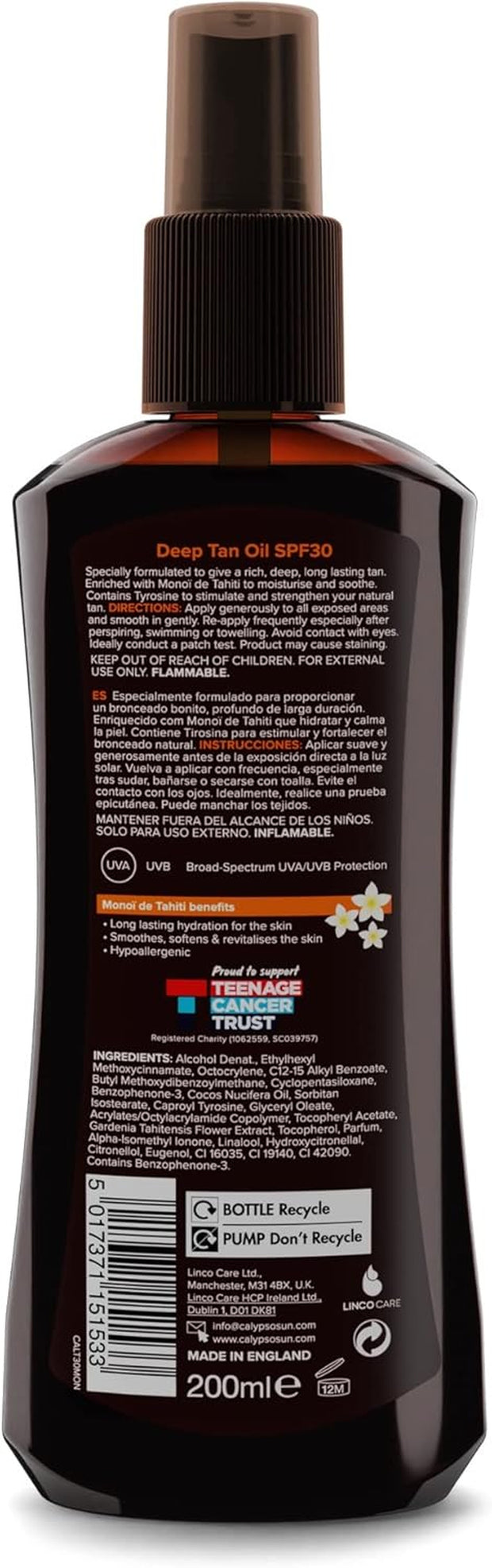 Deep Tanning Monoi Tahiti Oil Spray with SPF30, 200 Ml, CALT30MON