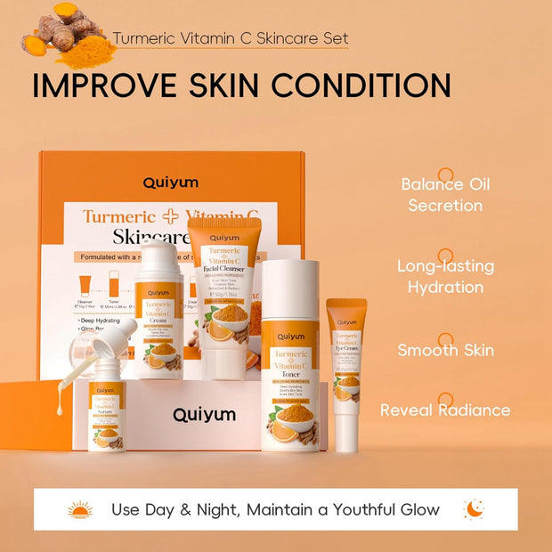 Turmeric Skin Care Sets & Kits - Skincare Set for Teenage Girls - Gifts for Her - Pamper Skincare Set - Women Gift Sets with Face Cleaner-Face Serum-Face Cream-Toner-Eye Cream - 5PCS