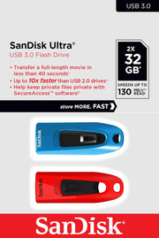 Sandisk Ultra 32 GB USB Flash Drive USB 3.0 up to 130 Mb/S Read - Twin Pack, Red/Blue