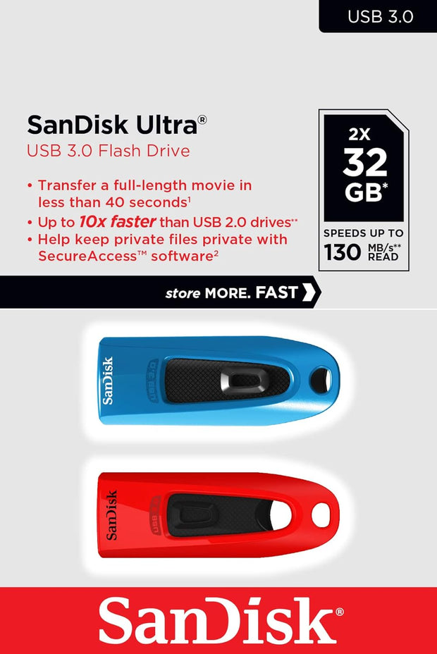 Sandisk Ultra 32 GB USB Flash Drive USB 3.0 up to 130 Mb/S Read - Twin Pack, Red/Blue