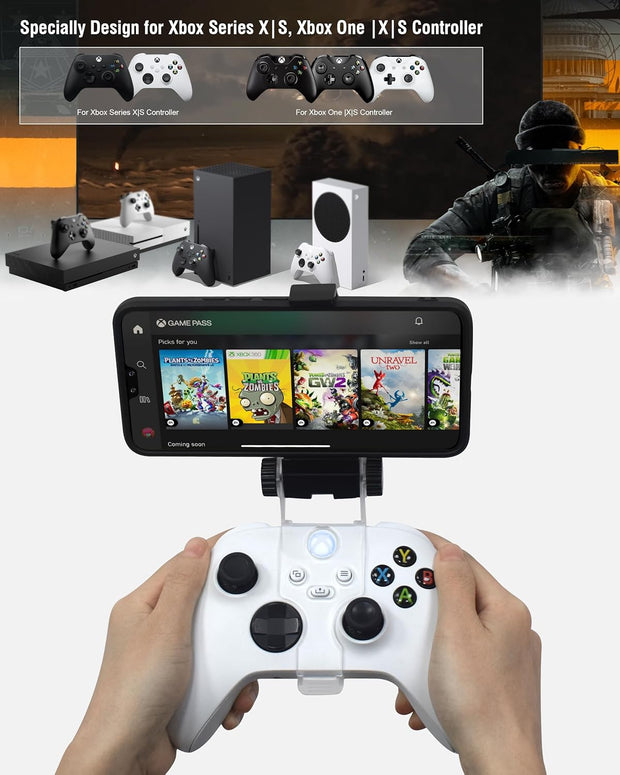 Joso Mobile Phone Holder for Xbox Controller, Cellphone Mount Clamp Compatible with Xbox Series S/X, Xbox One/S/X Gamepad, Adjustable Clip with 2 Thumb Grip Caps