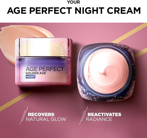 L’Oréal Paris Age Perfect Golden Age Re-Stimulating Night Cream 50+, Moisturising, Renew Skin Barrier Overnight and Reactivates Skin’S Radiance, Peony Native Cells, Calcium and Vitamin B3, 50Ml