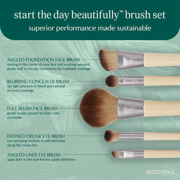 6 Piece Start the Day Beautifully Makeup Brush Set, Makeup Brushes for Eyeshadow, Blush, Concealer, & Foundation Application, Eco-Friendly, Synthetic Hair, Vegan & Cruelty-Free