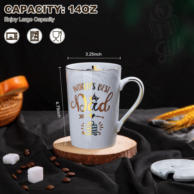 Fathers Day Birthday Gifts for Dad from Daughter Son - World'S Best Dad - Daddy Mug Printed with Gold, Funny Father'S Presents, 14Oz Grey Ceramic Gold Print Coffee Cup, Lid Spoon Card, Nice Gift Boxed