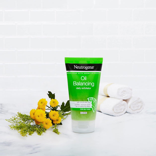 Neutrogena Oil Balancing Face Scrub (1X 150Ml), Purifying and Mattifying Daily Exfoliator with Lime and Aloe Vera, Oil-Free Face Scrub Developed to Rebalance Oily Skin