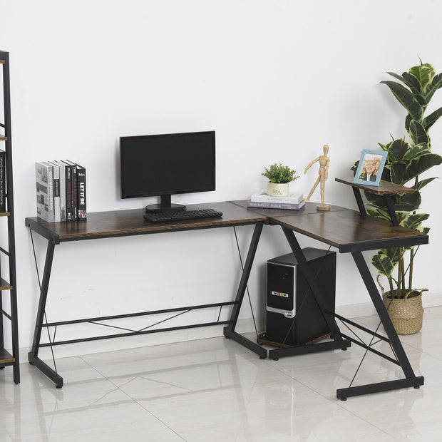 L Shaped Home Office Desk Gaming Workstation with Shelf & CPU Stand Brown