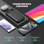 YONHUIZI Portable Charger, 10800Mah LCD Display Compact Ultra Slim Power Bank, 20W PD USB-C In&Out Fast Charging Battery Pack,3 Outputs Portable Phone Charger for Iphone 15 14,Samsung Android -Black
